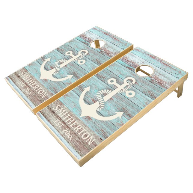 Turquoise Brown Beach Wood Nautical Anchor    Corn Cornhole Set (Angled)