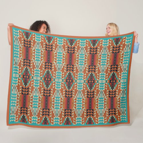 Turquoise Brown Burnt Orange Mosaic Art Pattern Fleece Blanket