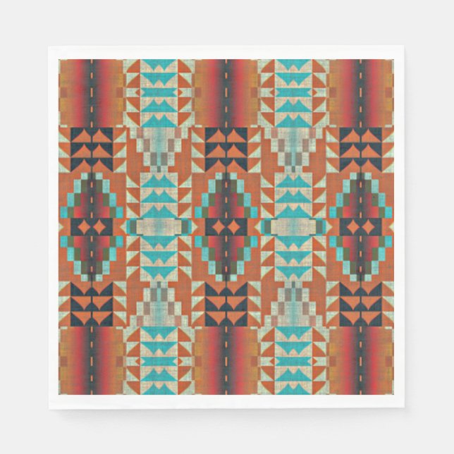 Turquoise Brown Burnt Orange Mosaic Pattern Napkins (Front)
