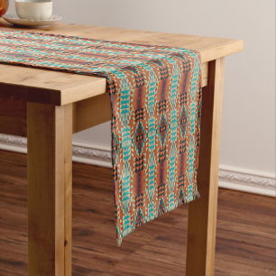Turquoise Brown Burnt Orange Mosaic Pattern Short Table Runner