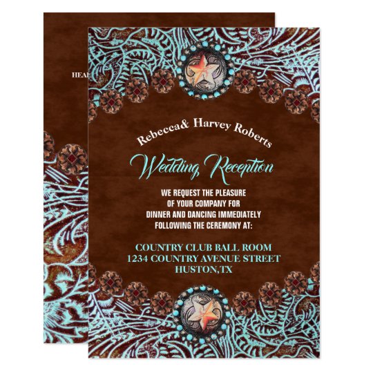 Turquoise Brown Country Western Wedding Reception Invitation