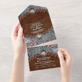 Turquoise Brown Cowboy Country Western Wedding  All In One Invitation by ThemeWeddingBoutique at Zazzle