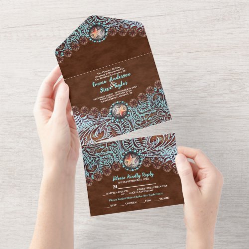 Turquoise Brown cowboy country western wedding  All In One Invitation