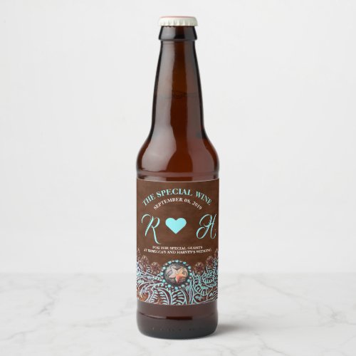 turquoise brown cowboy country western wedding beer bottle label