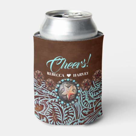 Turquoise Brown Cowboy Country Western Wedding Can Cooler