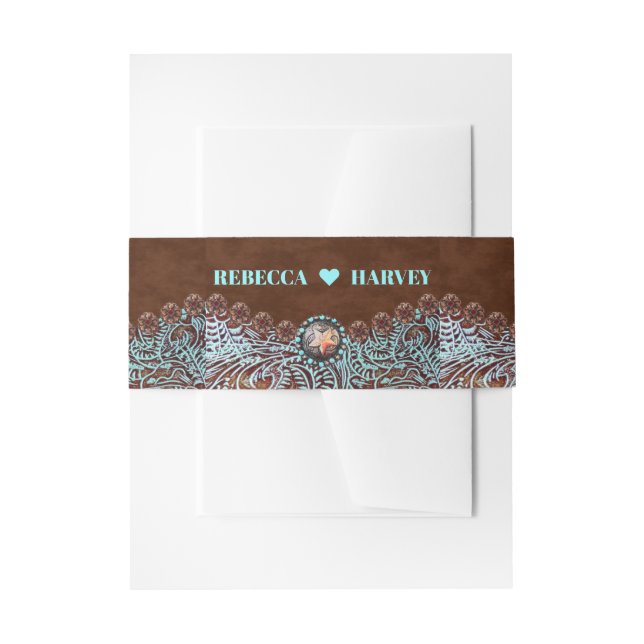 turquoise brown cowboy country western wedding invitation belly band (Front Example)