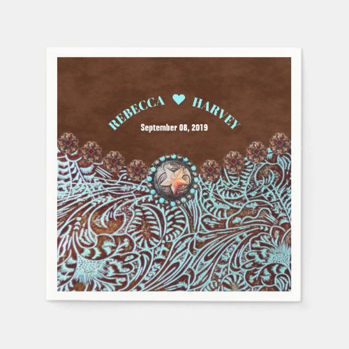 turquoise brown cowboy country western wedding paper napkins