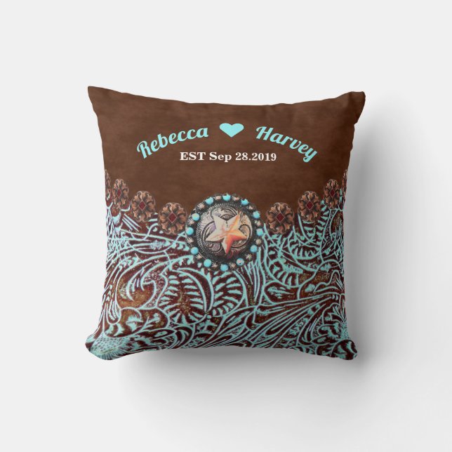 turquoise brown cowboy country western wedding throw pillow (Front)