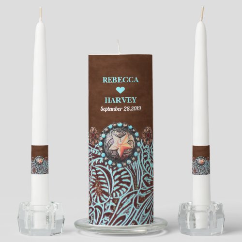 turquoise brown cowboy country western wedding unity candle set