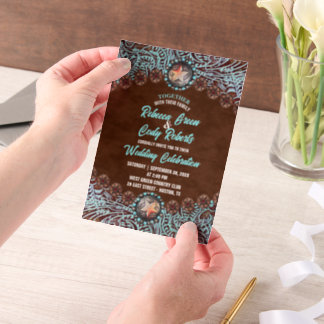 Turquoise Brown Cowboy Country Western wedding Vellum Invitations