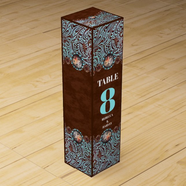 turquoise brown cowboy country western wedding wine gift box (Front)