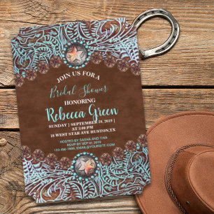 turquoise brown cowboy western bridal shower invitation
