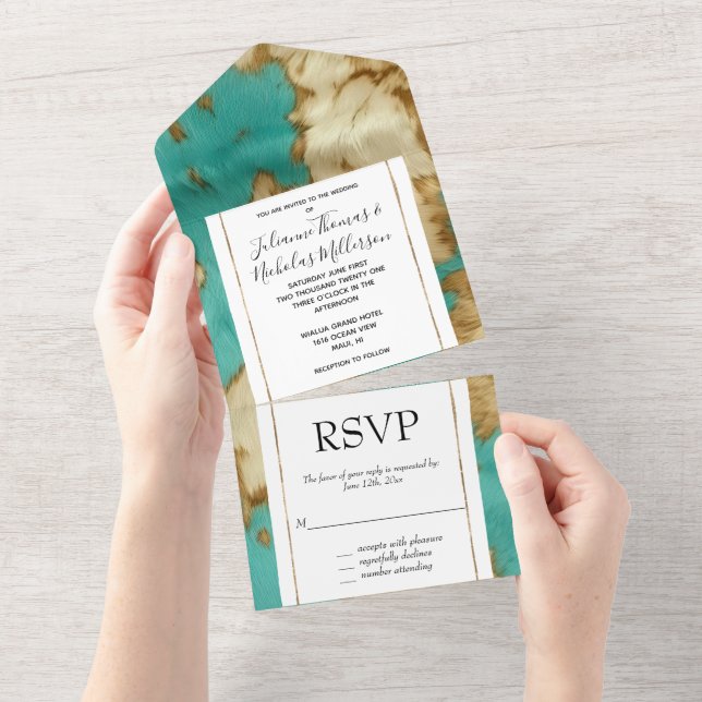 Turquoise Brown Cream Animal Cowhide Western  All In One Invitation (Tearaway)