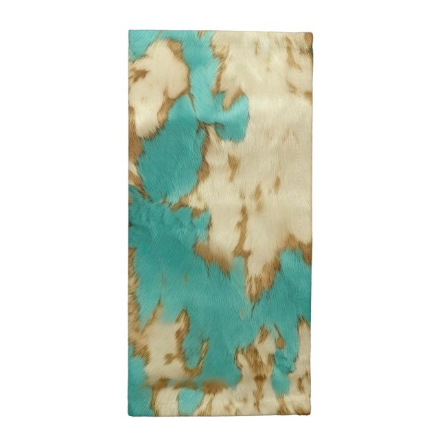 Turquoise Brown Cream Animal Cowhide Western  Cloth Napkin (Half Fold)