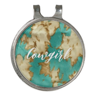 Turquoise Brown Cream Animal Cowhide Western Golf Hat Clip