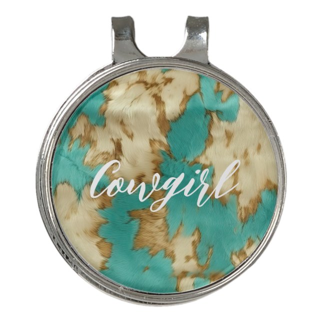 Turquoise Brown Cream Animal Cowhide Western  Golf Hat Clip (Front)