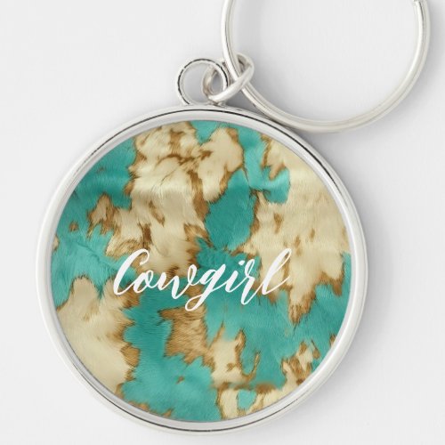 Turquoise Brown Cream Animal Cowhide Western  Keychain