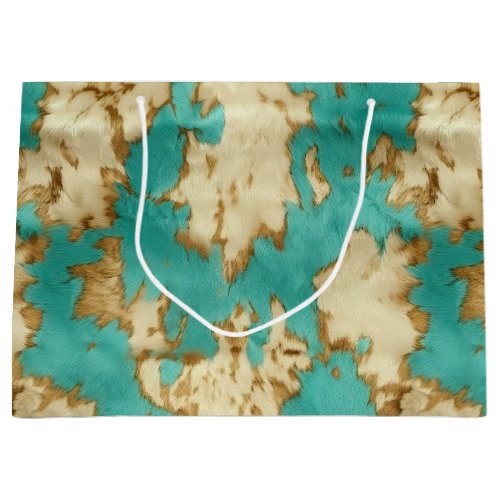 Turquoise Brown Cream Animal Cowhide Western  Large Gift Bag