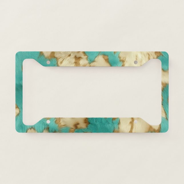 Turquoise Brown Cream Animal Cowhide Western  License Plate Frame (Front)