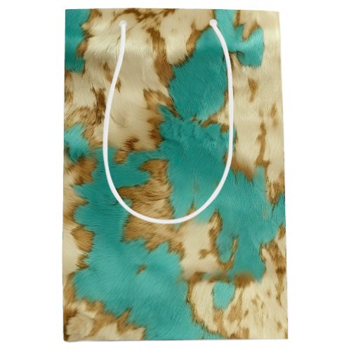 Turquoise Brown Cream Animal Cowhide Western  Medium Gift Bag