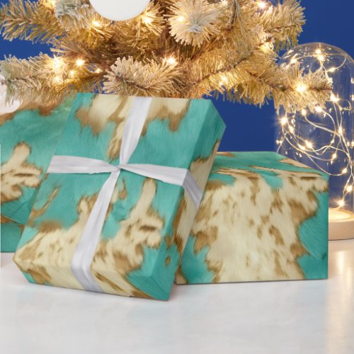 Turquoise Brown Cream Animal Cowhide Western  Wrapping Paper