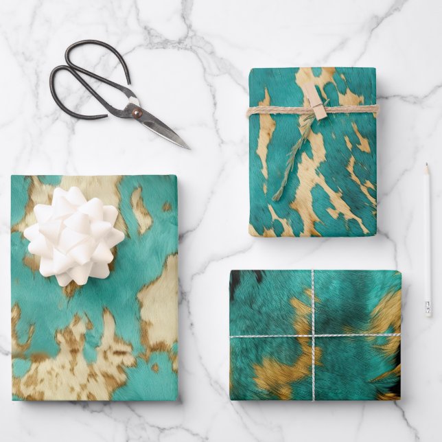 Turquoise Brown Cream Animal Cowhide Western  Wrapping Paper Sheets (Front)