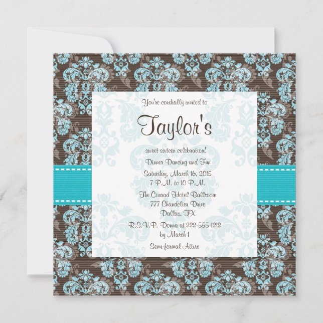 Turquoise Brown Damask Sweet Sixteen Invitations (Front)
