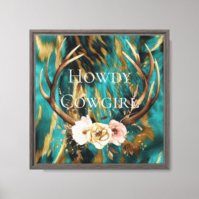 Turquoise Brown Gold Cowhide Deer Antlers Floral Canvas Print (Front)