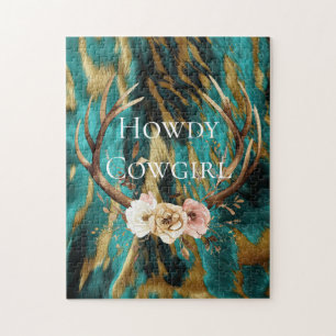 Turquoise Brown Gold Cowhide Deer Antlers Floral Jigsaw Puzzle