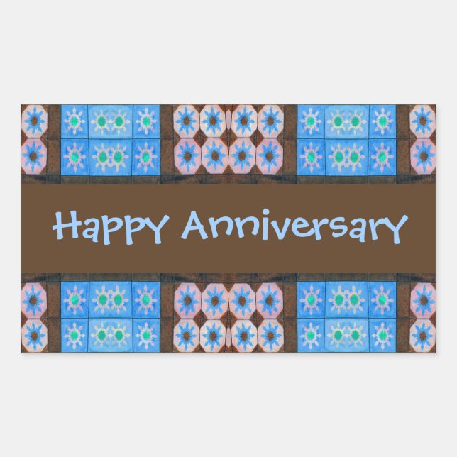 Turquoise Brown Happy Anniversary Rectangular Sticker (Front)