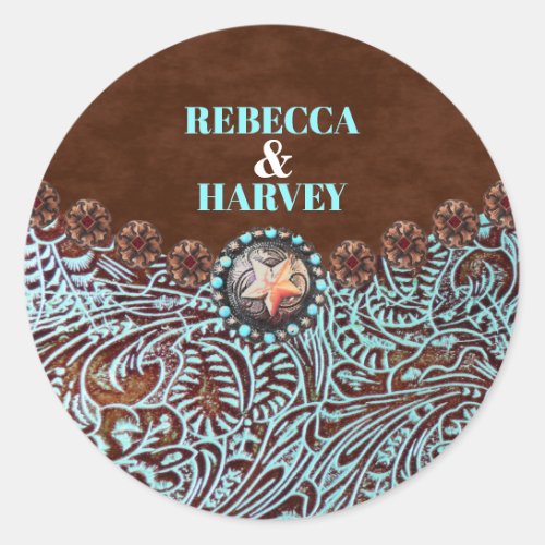 turquoise brown leather country western wedding classic round sticker