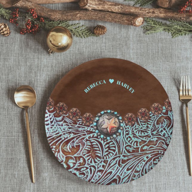 turquoise brown leather cowboy country western paper plates (turquoise brown leather cowboy country western paper plates)
