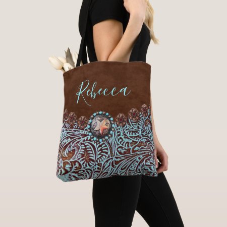 Turquoise Brown Leather Cowboy Country Western Tote Bag