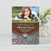 turquoise brown leather western graduation party invitation (Standing Front)