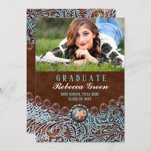 turquoise brown leather western graduation party invitation