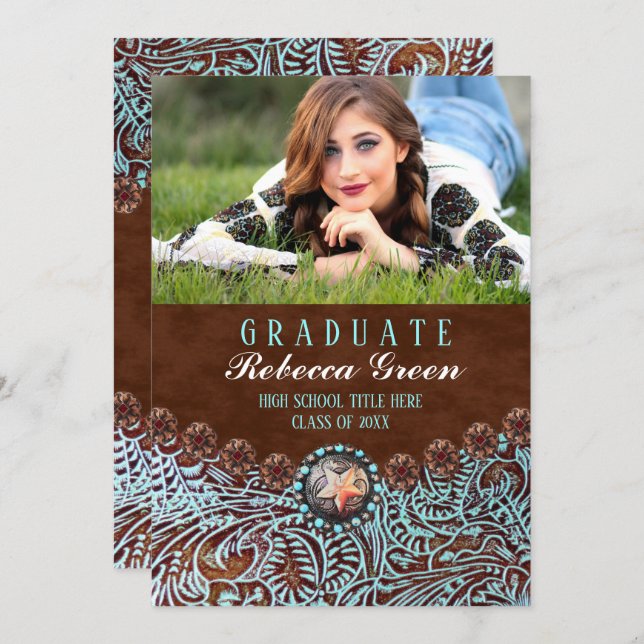 turquoise brown leather western graduation party invitation (Front/Back)