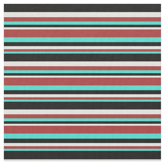 Turquoise, Brown, Light Cyan, and Black Stripes Fabric (Close Up)