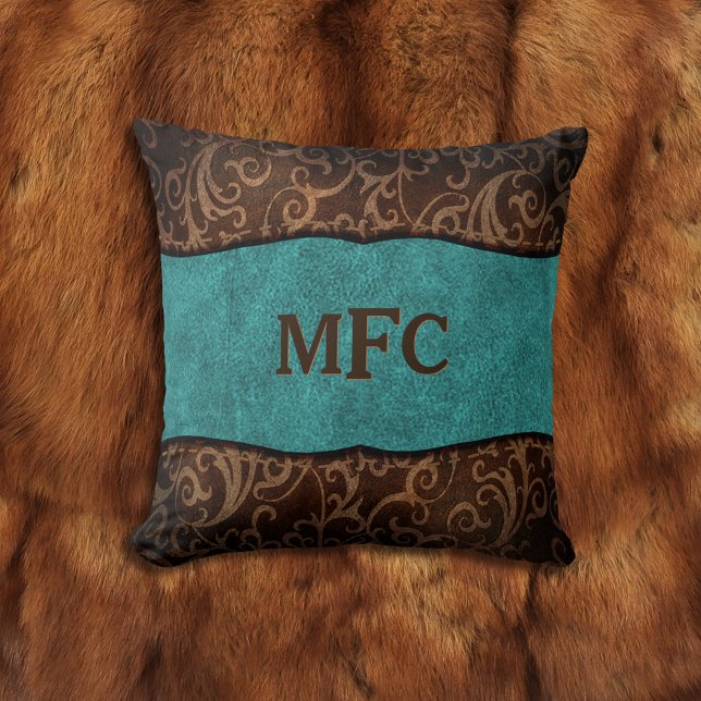 Turquoise Brown Old World Vegan Leather Monogram Throw Pillow (Creator Uploaded)