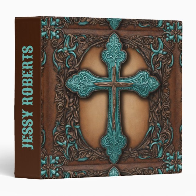 Turquoise Brown Religious Western Country Cross 3 Ring Binder (Front/Spine)