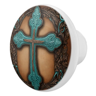 Turquoise Brown Religious Western Country Cross Ceramic Knob