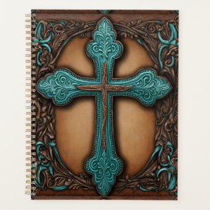 Turquoise Brown Religious Western Country Cross Planner