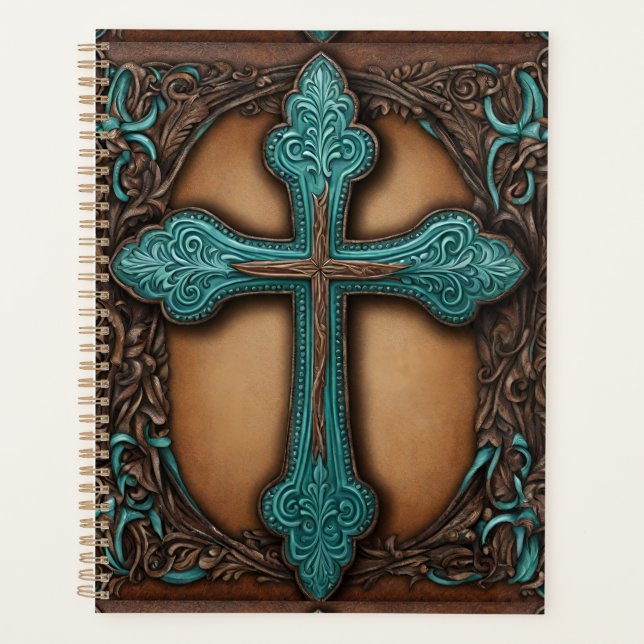Turquoise Brown Religious Western Country Cross Planner (Front)