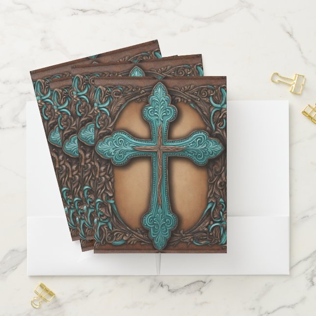 Turquoise Brown Religious Western Country Cross Pocket Folder (In Situ)