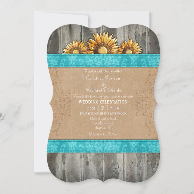 Turquoise Brown Rustic Sunflower Wedding Invite (Front)