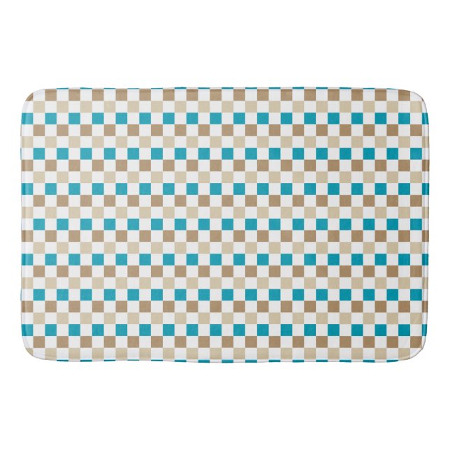TURQUOISE BROWN TAN CHECK PATTERN BATH MAT (Front)