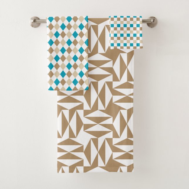 TURQUOISE BROWN & TAN PATTERNS BATH TOWEL SET (Insitu)