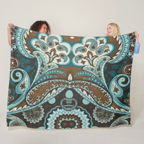 Turquoise Brown Vintage Paisley 3 Fleece Blanket