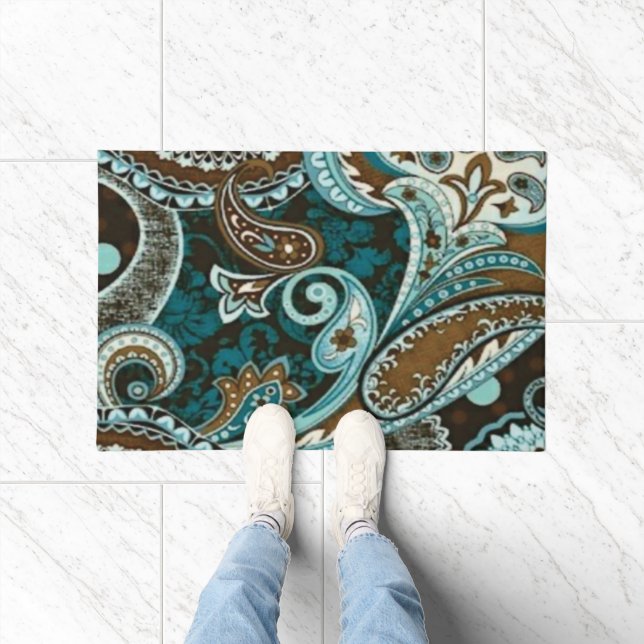 Turquoise Brown Vintage Paisley Doormat (Indoor)
