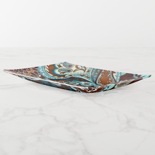 Turquoise Brown Vintage Paisley Trinket Tray