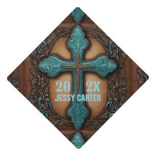 Turquoise Brown Western Christian Religious Cross Graduation Cap Topper
